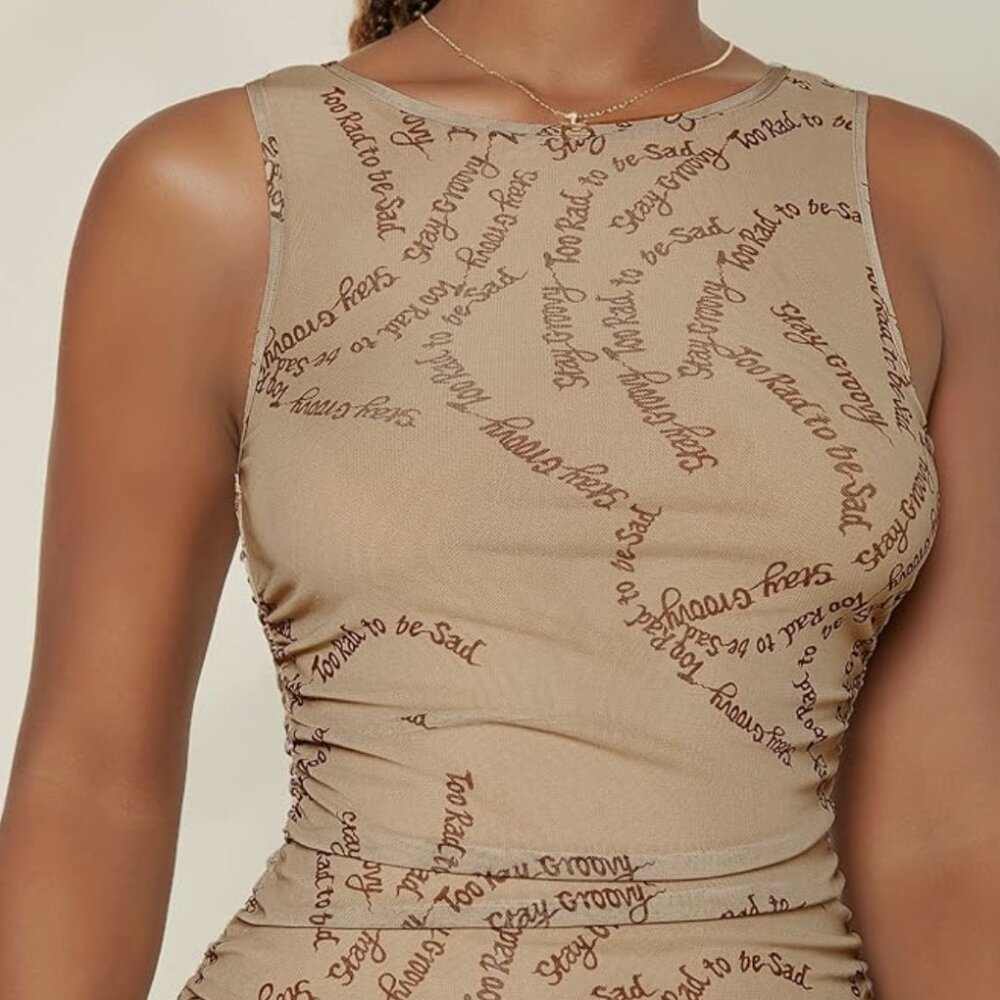 Shein Women's Letter Print Sleeveless Ruched Mesh Bodycon Dress